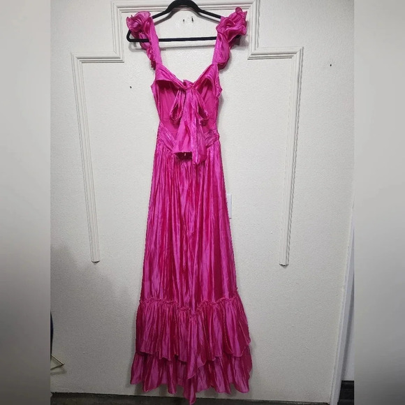 Lulus Pristine Glow Magenta Pink Ruffled Tie-Back Maxi Dress Wedding Party Prom - Picture 12 of 12
